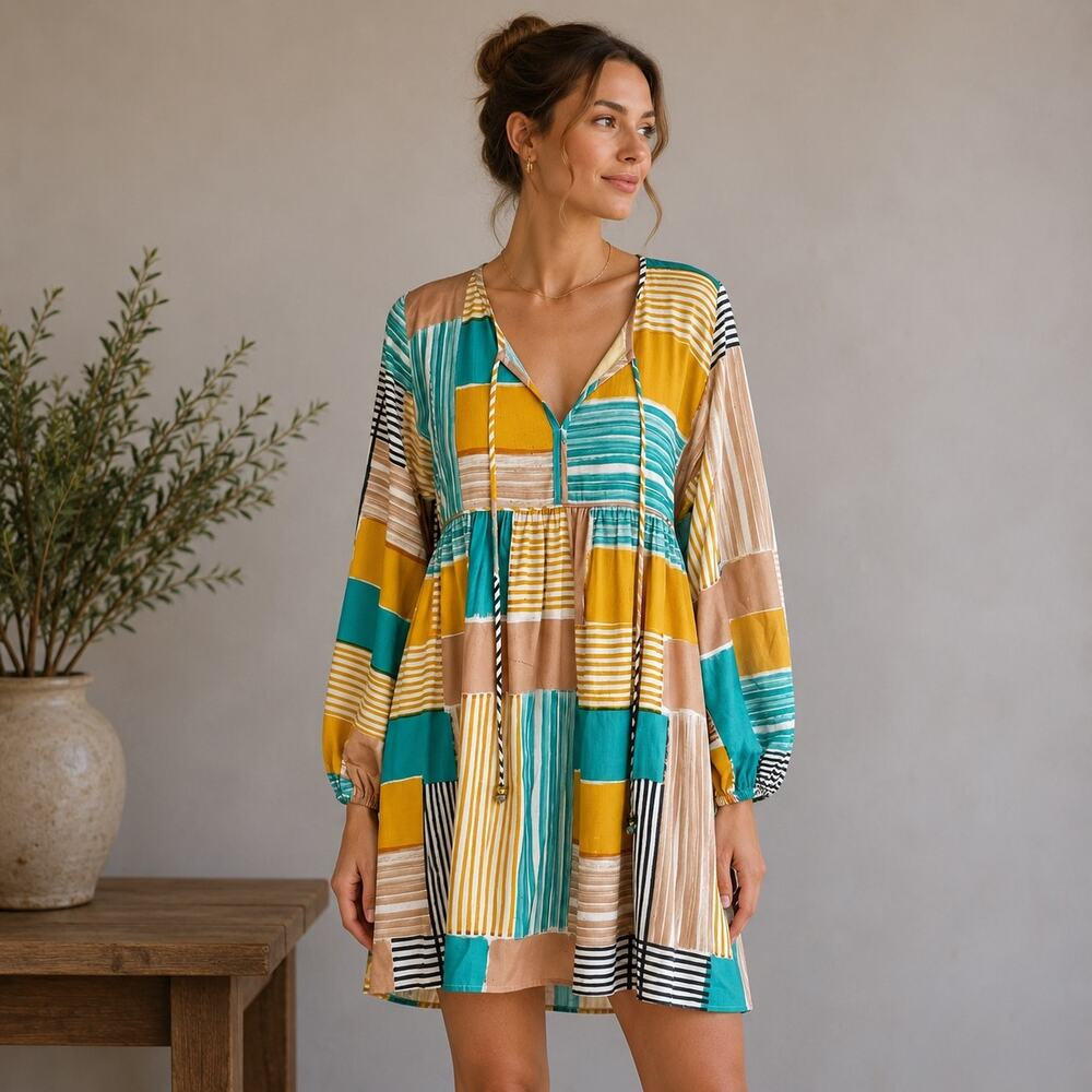 Tyler Boe Gold Teal Long Sleeve NWT Mini Dress Small
